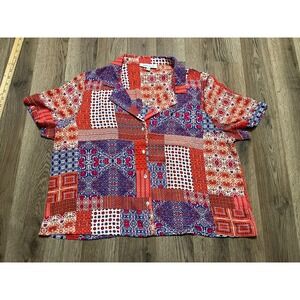 Rose & Olive Red, Blue & White Patchwork Camp Collar Button-Down
